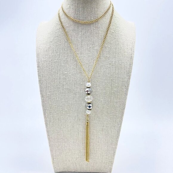 Gold Tone Tassel Pendant Necklace Long Chain With Silver and Clear Beads - Picture 1 of 7